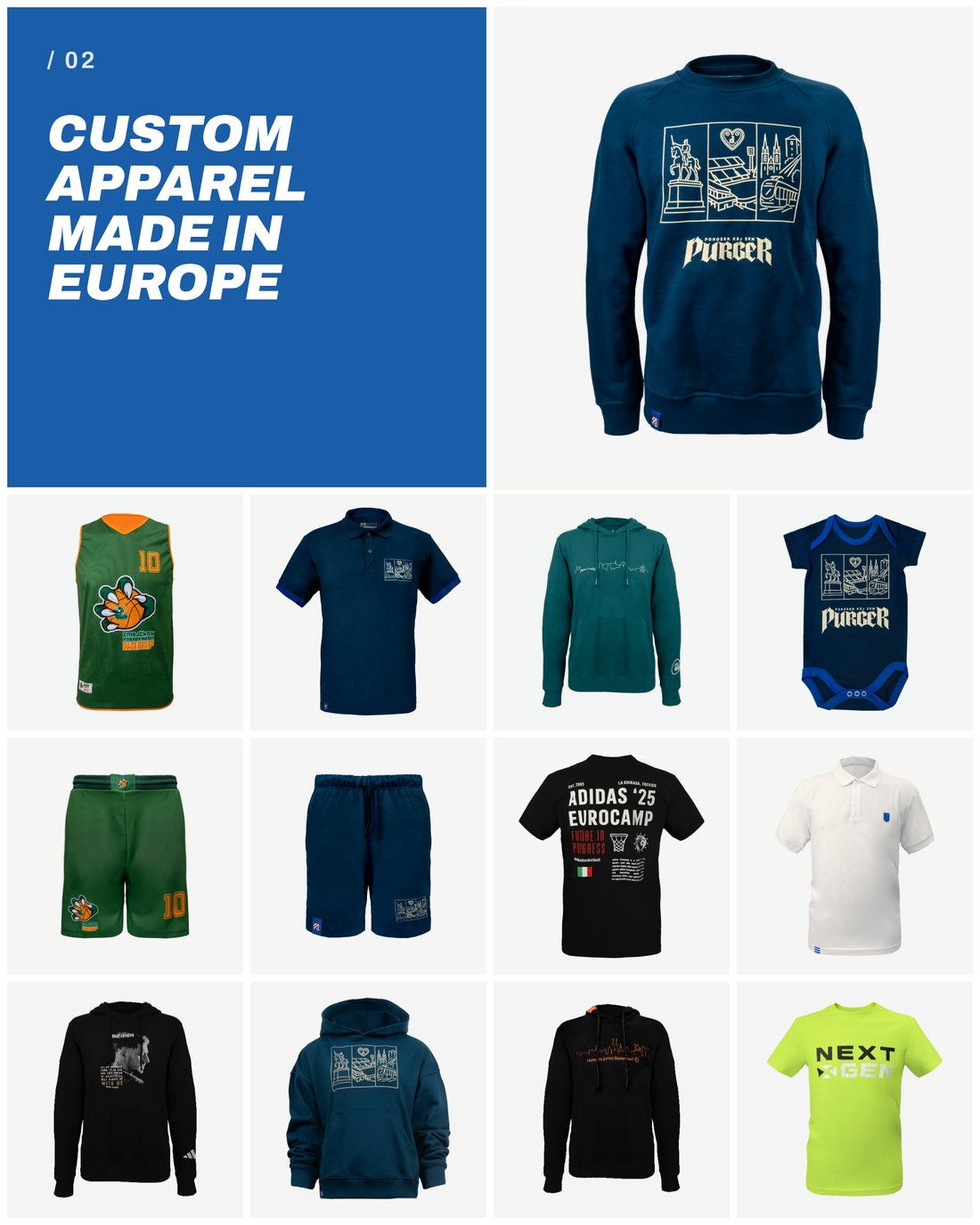 Custom apparel made in Europe: crewneck, hoodie, sublimated jersey and cotton t-shirt